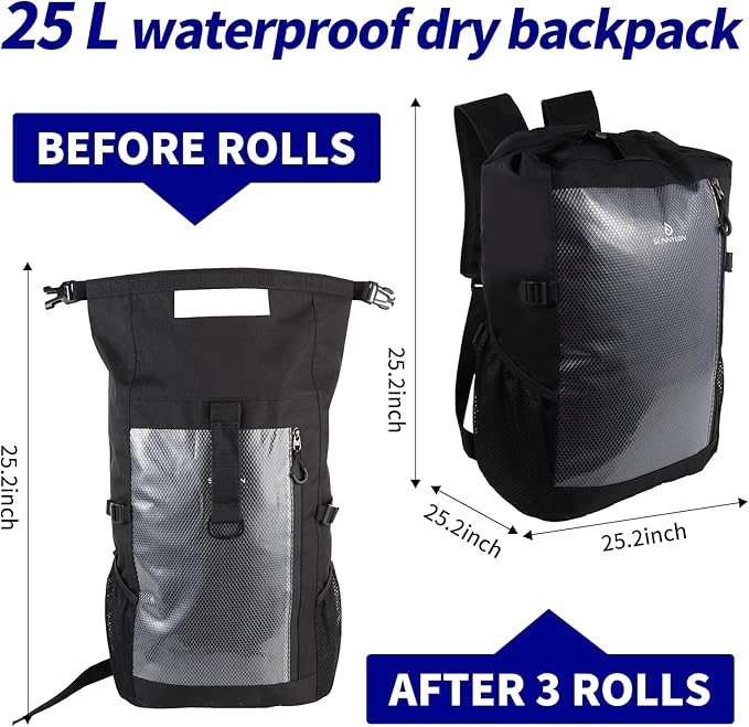 Dry Bag Backpack,25L Dry bags waterproof Kayaking, Waterproof bag with Waist Pouch and Phone Case,Waterproof Backpack Marine dry bag for Kayaking, Beach, Rafting, Boating (Black)
