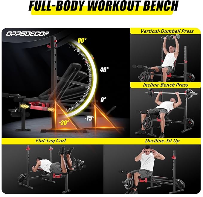 OPPSDECOR 900LBS Olympic Weight Bench Set with Squat Rack Professional Incline Bench Press with Leg Extension & Leg Curl Foldable Decline Flat Workout Bench for Home Gym Full Body Exercise