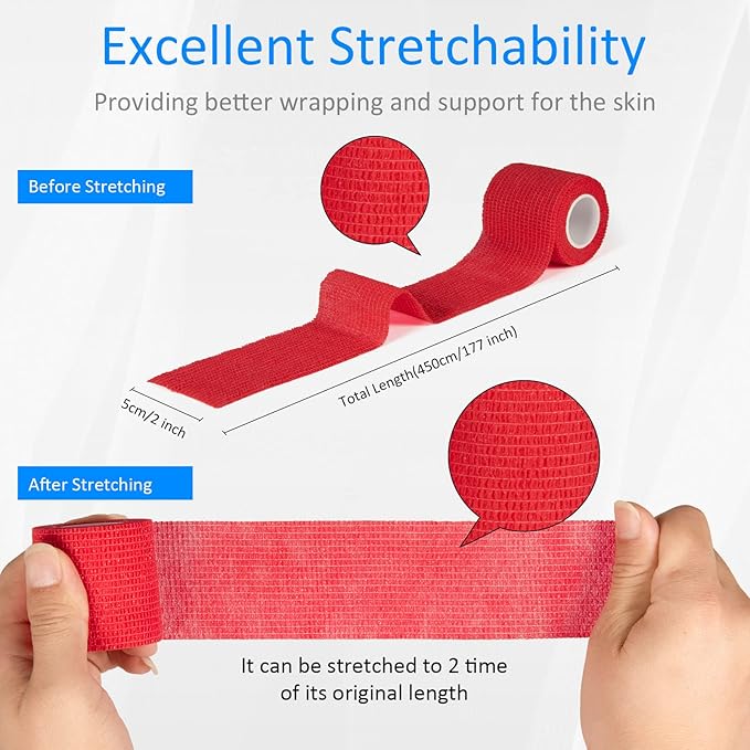 12Pcs 2”x 5 Yards Self Adhesive Bandage Wrap Elastic Bandage Wrap Self Adherent Cohesive Wrap Bandages for Wrist Ankle Vet Tape for Dogs Athletic Swelling Sprains Tape Grip Cover (Red)