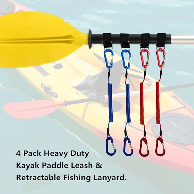 4 Pack Heavy Duty Kayak Paddle Leash & Retractable Fishing Lanyard, Coiled Rod Tether with Belt Clip for Kayaking, Paddle Board Accessories (Red/Blue)