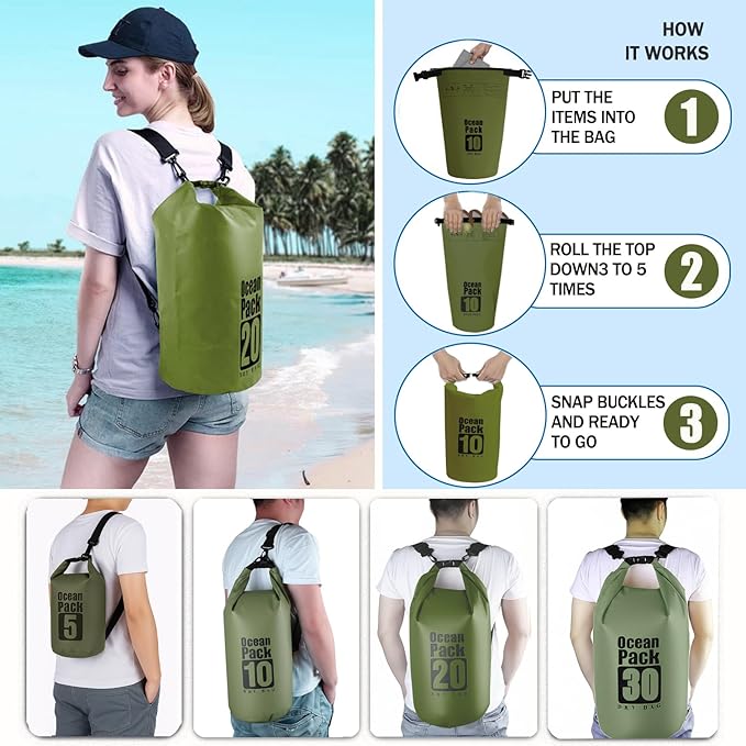 Dry Bag Waterproof Backpack 5L/10L/20L/30L Roll Top Waterproof Bag,Floating Dry bags for Kayaking,Swimming,Boating,Camping,Beach.