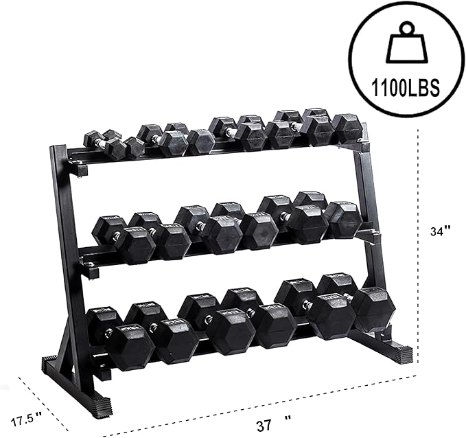 3-Tier Dumbbell Rack Multilevel Weight Storage Organizer for Home Gym, Weight Rack for Dumbbells, Kettlebells, 1100LBS(Rack Only)