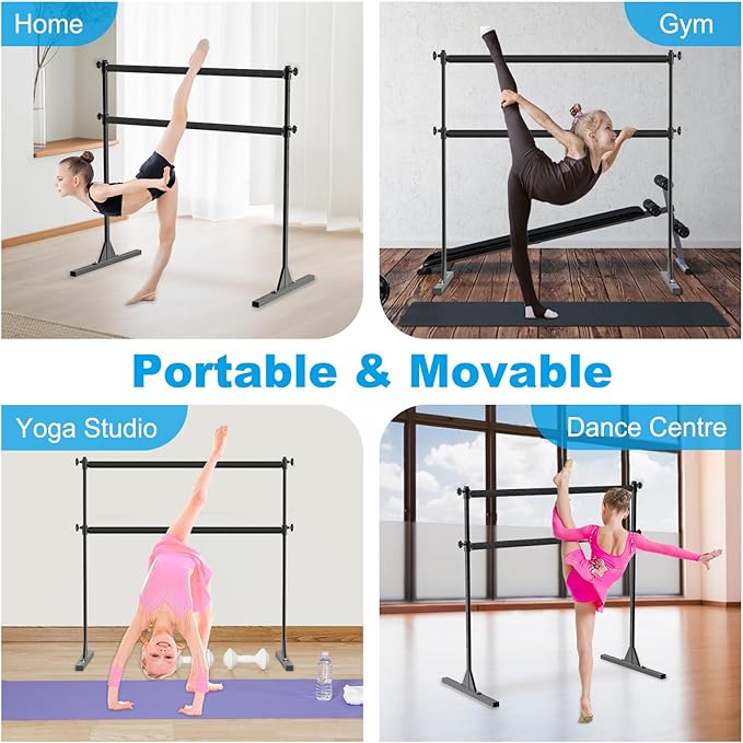 4FT/5FT/6FT Height Adjustable Freestanding Ballet Barre with Fabric Sleeve Portable Double Ballet Bar 350 lbs Capacity Heavy Duty Dance Barre for Home Workout, Stretch