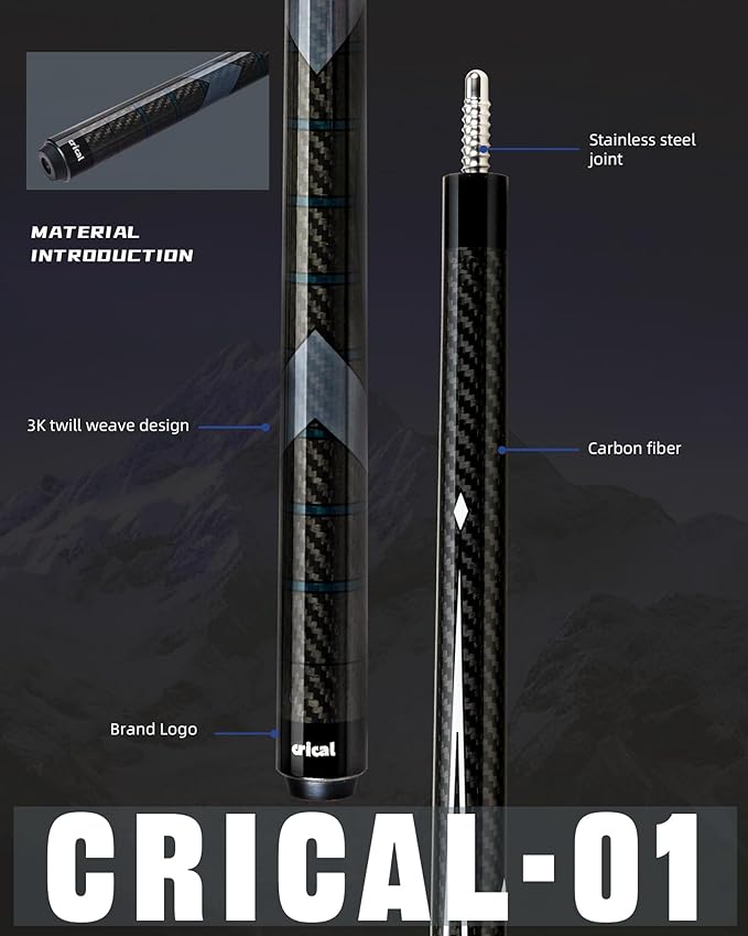CRICAL Carbon Fiber Pool Cue Stick 58" Billiard Cue Sticks Professional Low Deflection Pool Sticks with 3/8 * 8 Pin Joint and 12.5mm Tip