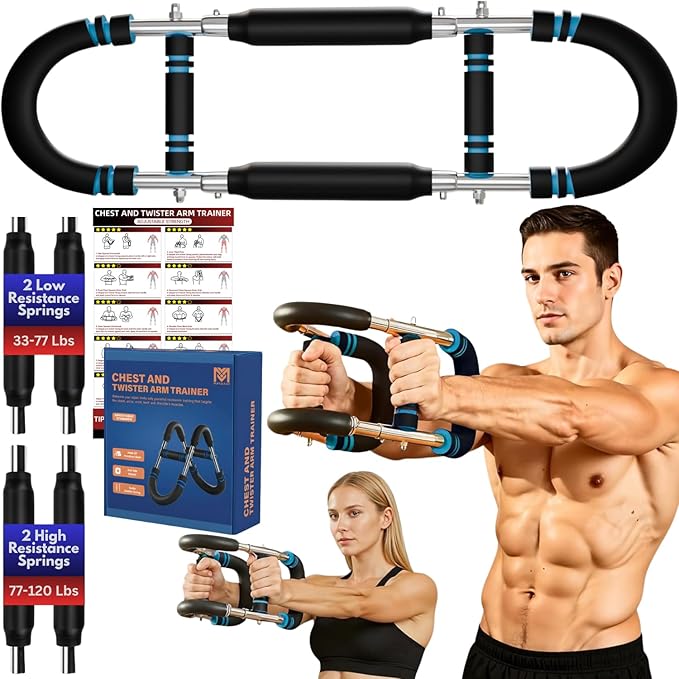Twister Arm Trainer for Men and Women, 33 - 120lb Adjustable Chest Workout Equipment Power Twister with 4 Springs & Training Poster for Home Fitness, Forearm Strength Training and Upper Body Exercise