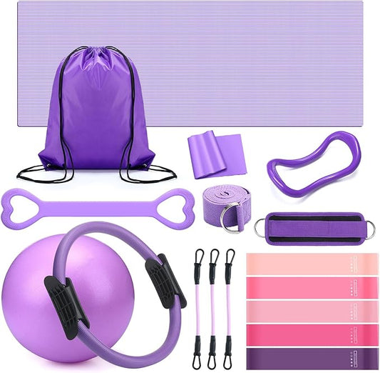 Set of 18 Pilates Ring Essential Kit for Women Pilates Ring and Ball Ankle Resistance Band Yoga Strap Socks Mat Arm Stretcher Latex Tube Gym Back Bag Exercise Equipment for Workout