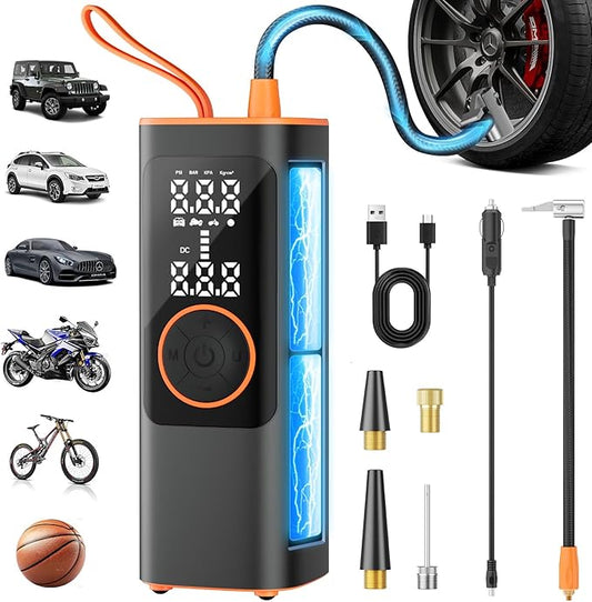 Tire Inflator Portable Air Compressor, 150PSI Cordless Air Pump for Car Tires, Electric Bike Tire Pump with Pressure Gauge, Auto Shut Off, LED Light for Car Motorcycle Bicycle Ball