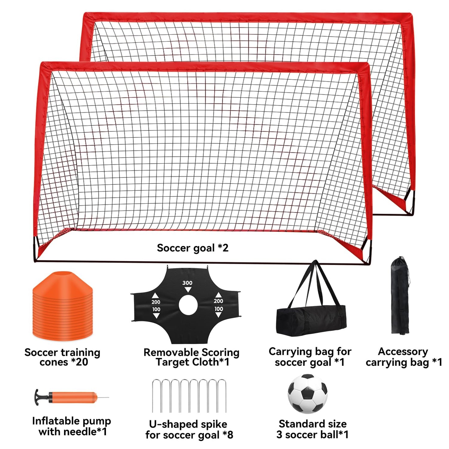 Fololicx Red Soccer Goals for Backyard, 2 of 6x4ft Kids Soccer Net Training Equipment, Portable Pop Up Toddler Soccer Goal with Soccer Ball, Scoring Target Cloth, and Cones - Fun Youth Outdoor Games