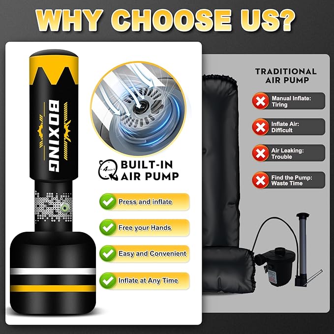 Upgrated Standing Punching Bag for Adults with Automatic Built in Air Pump, 69'' Heavy Bag Boxing Equipment with 12OZ Gloves Kicking Bag for Training MMA Muay Thai Fitness Kickboxing Home Gym