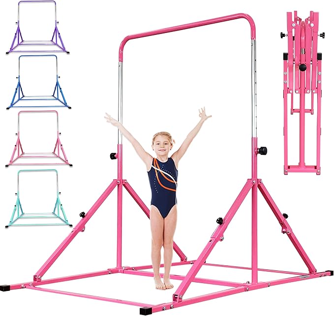 MARFULA Foldable Gymnastic Bar for Kids Ages 3-12, 9 Height Levels, 200 lbs Weight Capacity, 5 Ft Length Gymnastic Kip Bar with Mat, Gymnastic Equipment for Home and Gym Center Indoor Outdoor Use