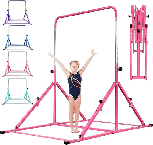 MARFULA Foldable Gymnastic Bar for Kids Ages 3-12, 9 Height Levels, 200 lbs Weight Capacity, 5 Ft Length Gymnastic Kip Bar with Mat, Gymnastic Equipment for Home and Gym Center Indoor Outdoor Use