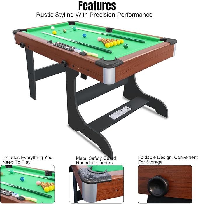 60-Inch Compact Folding Pool Table - No Assembly Required with Full Set of Balls, 2 Cues, Chal k and Brush for Indoor Family Games