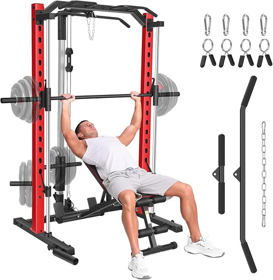 Smith Machine with LAT-Pull Down, Multi-Functional Smith Machine, Power Cage with Cable Crossover, Squat Rack with Landmine, Barbell Bar, Plate Storage Pegs and More Training Attachment