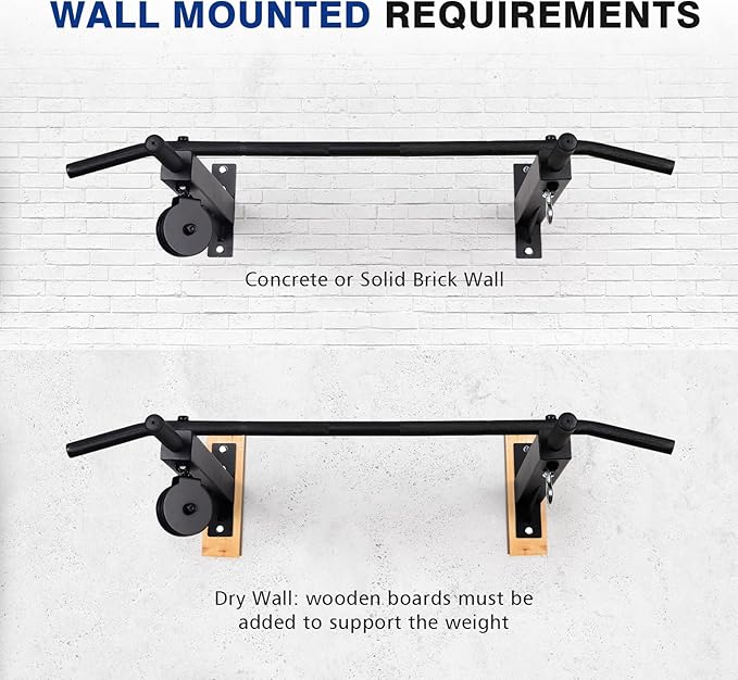 LIONSCOOL Multifunctional Wall Mounted Pull Up Bar with Pulley System, 48" and 16"/24" Multi-Grip Chin Up Bar, Cable Pulley Attachments Included, Perfect for Upper Body Workouts