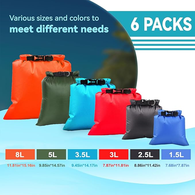 6PCS Dry Bags Waterproof, Lightweight Dry Bags for Kayaking Waterproof，Outdoor Waterproof Bag for Kayaking Hiking Boating Camping