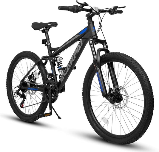 24/26/27.5 Inch Mountain Bike, Dual Full Suspension 21 Speed Womens Mens Mountain Bikes, Commuter Bike with Carbon Steel Frame and Dual Disc Brakes