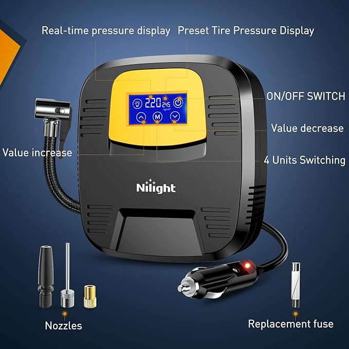 Nilight Tire Inflator Air Compressor Portable Pump for 12V DC Car Tires with Digital Pressure Gauge 150PSI Auto LED Light Cars ATVs Bicycles