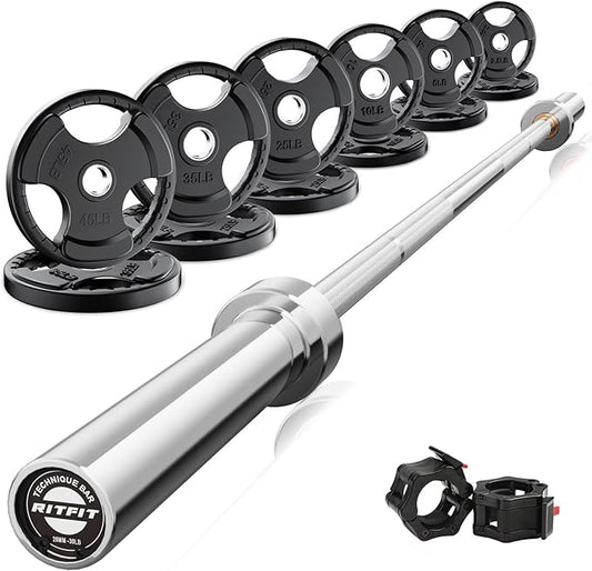 RitFit Barbell Weight Set - 4/6FT Olympic Barbell with Weight Plates (55-275LB Total) - Weightlifting Equipment for Squats, Curls, Deadlifts, Presses, Hip Thrusts
