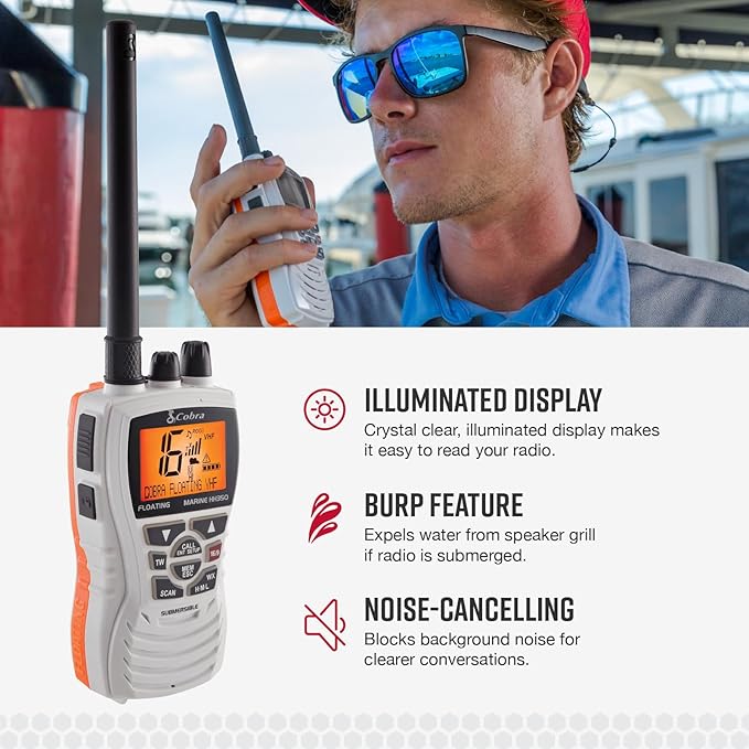 Cobra MR HH350 FLT Handheld Floating VHF Marine Radio - 6 Watt, Submersible, Noise Cancelling Mic, Backlit LCD Display, NOAA Weather, and Memory Scan, White