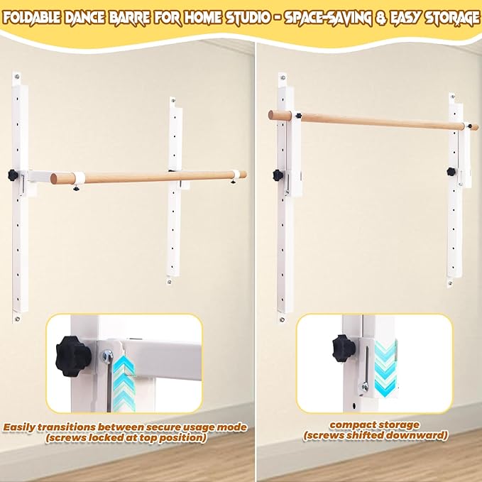 Wall Mounted Ballet Barre Adjustable Ballet Bar Foldable Dance Bar-Fully Adjustable -Solid Beech Wood Bar,Ballet workout Fitness Equipment Pull Up Stretch Never move