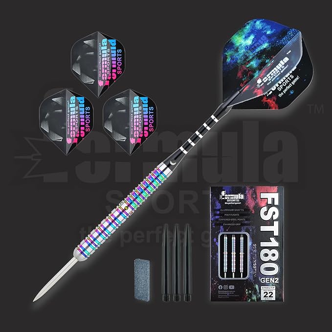 Formula Sports 90% Tungsten Steel Tip Darts Set - Professional Darts Metal Tip Set Available in 21g/22g/23g/24g, with Aluminum Shafts, Tungsten Barrels, Extra Flights, Sharpener, Carrying Case