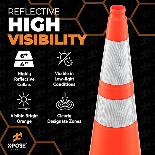 Xpose Safety 36 Inch Orange Traffic Cones Heavy Duty 12lb with 6" & 4" Collars, 48 Pack - Multipurpose PVC Plastic Safety Cone for Parking, Soccer, Caution, Kids and Construction - DOT Approved