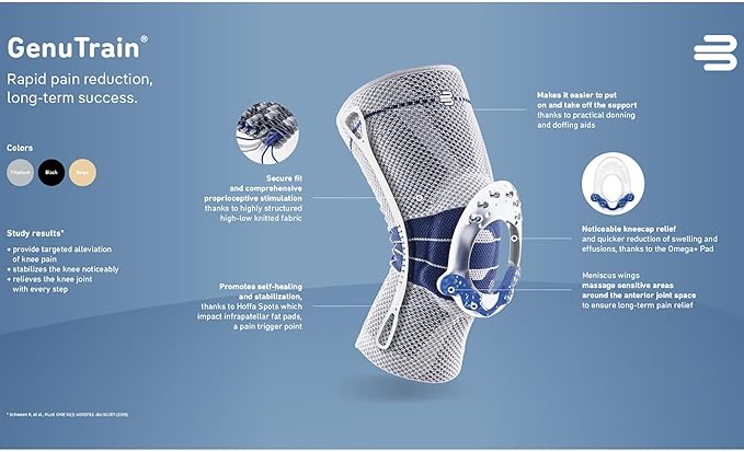 Bauerfeind - GenuTrain - Knee Brace - Targeted Support for Pain Relief and Stabilization of The Knee, Provides Relief of Weak, Swollen, and Injured Knees- Size 6 - Color Titanium
