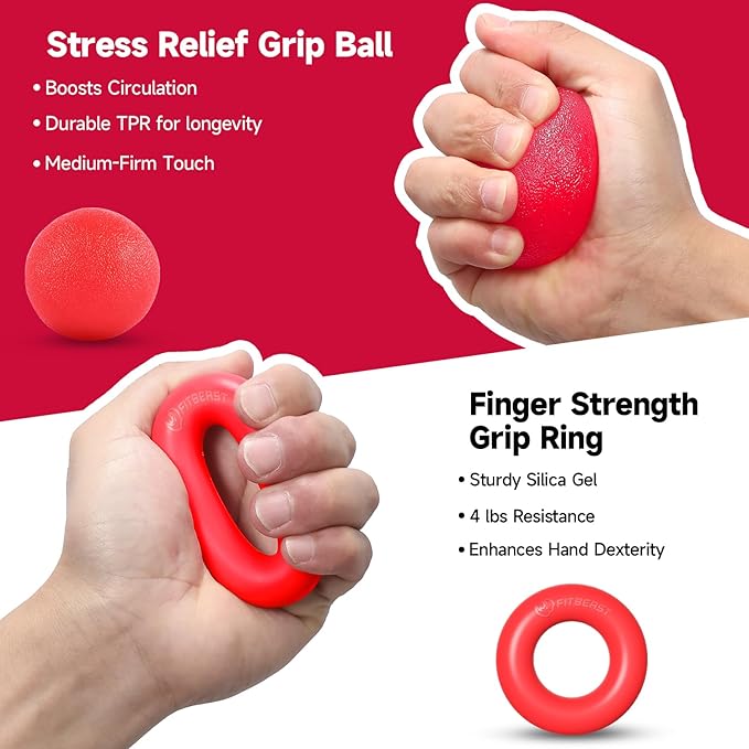 FitBeast Hand Grip Strengthener Workout Kit (5 Pack), 2 Forearm Grip Adjustable Resistance Hand Gripper, Finger Stretcher, Grip Ring & Stress Relief Grip Ball for Athletes