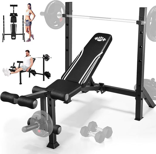 ANCHEER Weight Bench Set with Squat Rack - 900LBS Adjustable Bench Press with Leg Extension and Leg Curl, Incline Decline Flat Workout Bench for Home Gym Strength Training