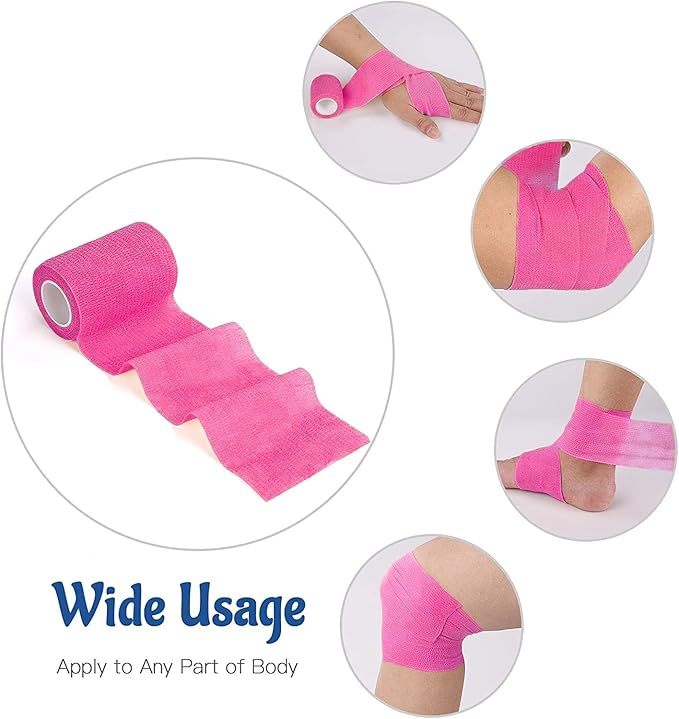 24 Pack Self Adhesive Bandage Wrap, 2” x 5 Yards Vet Wrap Cohesive Medical Tape Elastic Grip Tape Sports Tape Athletic for Ankle, Wrist Sprains, Pet (Pink, 4 Inch)