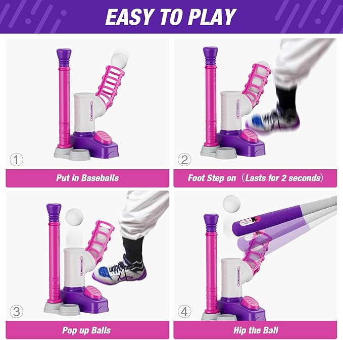 Tball Set for Toddlers 3-5, Tee Ball Set with Step on Pitching Machine/Adjustable Batting Tee/Retractable Baseball Bat/8 Pop Up Balls, Outdoor Sport Toy Games for Kids Girls