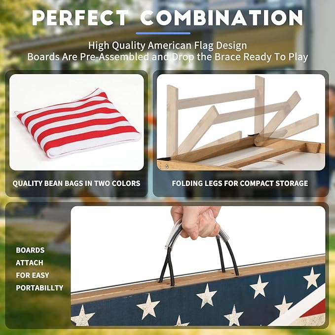 Cornhole Set, Corn Holes Outdoor Game, Regulation Cornhole Boards, Portable Cornhole Set, Classic American Flag Cornhole Set Includes 2 Boards, 8 Cornhole Beans Bags & Carry Case
