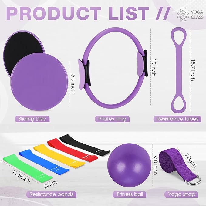 Set of 6 Style Pilates Home Equipment Set Pilates Essential Kit Workout Accessories 14 Magic Circle Mini Exercise Ball Yoga Strap Silicone Tension Strip Tension Band Sliding Plate