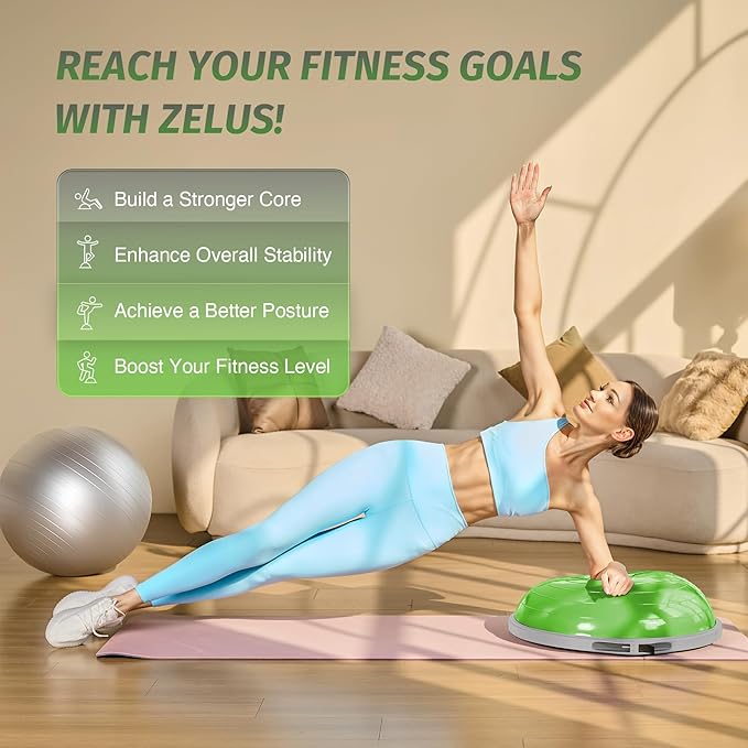 ZELUS 25in. Balance Ball | 660lb Inflatable Half Exercise Ball Wobble Board Balance Trainer w Nonslip Base | Half Yoga Ball Strength Training Equipment w 2 Bands, Pump, Extra Ball Included