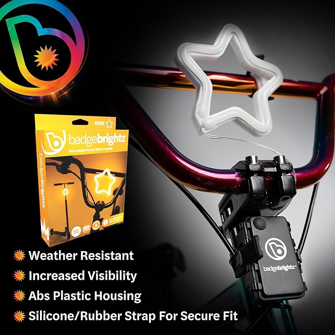 Brightz BadgeBrightz Star Shaped LED Bike Light - Cute Bike Accessories for Girls, Boys & Adults - Cool Accessory for Bikes & Scooters - Easily Attaches to Frame or Handlebar - 4.75-inch