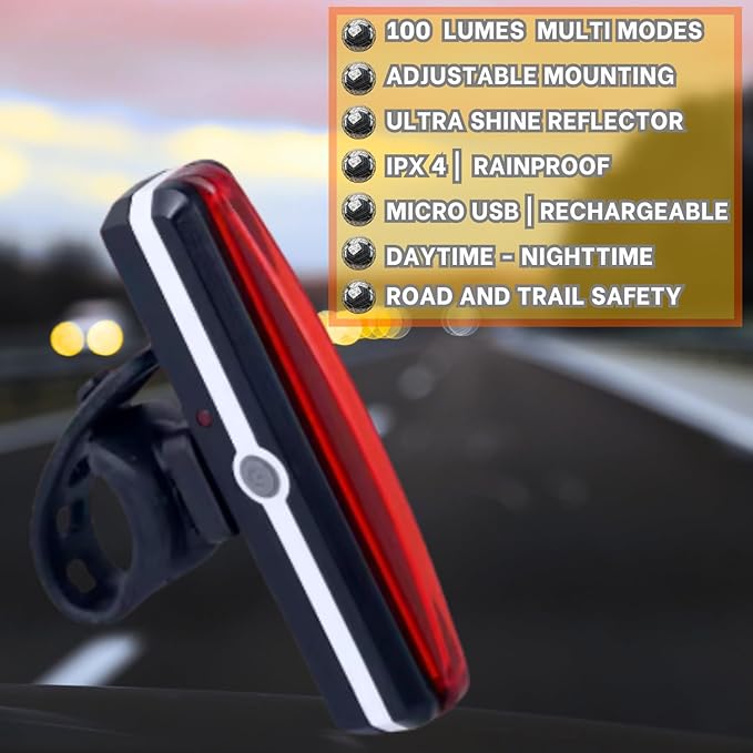 Ultra Bright Bike Taillight for Road Safety. Red Rechargeable Led Rear Light for seatpost Handlebar and Helmet. Day and Night Riding. Flex mounting Bicycle Road MTB eBike Scooter