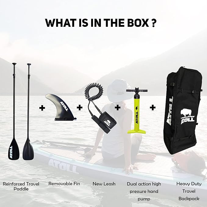 Atoll Inflatable Stand Up Paddle Board ISUP, Bravo Hand Pump and 3 Piece Paddle, Travel Backpack and Accessories New Leash Included Two Sizes - 11ft and 9ft