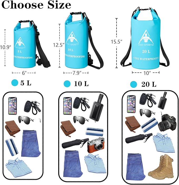 Oak-Sports Dry Bag Waterproof Backpack 5L/10L/20L, Roll Top Lightweight Beach Bag with Double Zipper Seal for Swimming, Kayaking, Hiking, Boating, Adjustable Shoulder Strap
