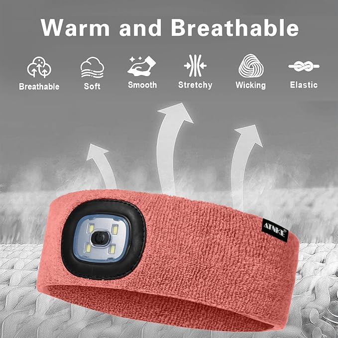 ATNKE 4 LED Lighted Sport Sweatband,USB Rechargeable Running Head Band Lamp High Stretch Wicking Gifts for Men and Women