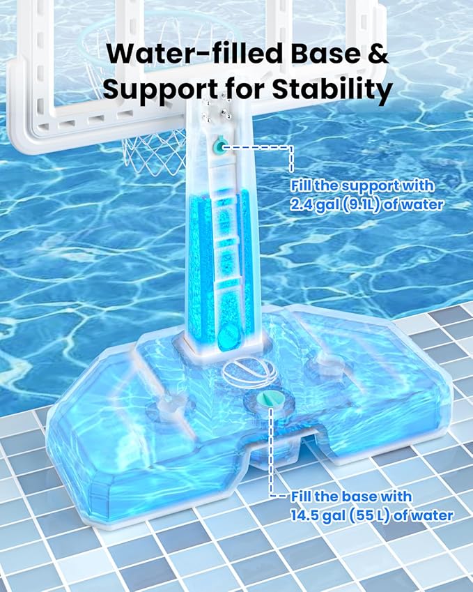 IGL DunkSplash Elite Pool Basketball Hoop, Swimming Pool Basketball Hoop Poolside with PC Backboard, Stainless Steel Rim, Water Storage Base & Stand with 2 Balls & Pump