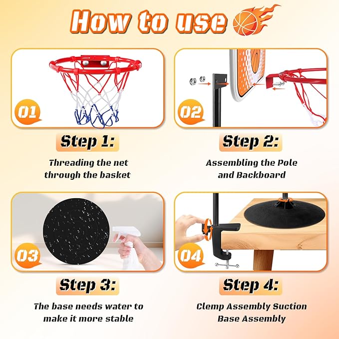 2 in 1 Mini Tabletop Basketball Hoop Indoor Desktop Basketball Hoop Set with Clips and Suction Cup with Two Balls, Portable Mini Hoops for Desk Table Office Bedroom Basketball Toys for Kids and Adult