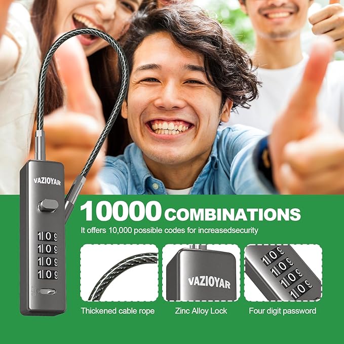 Cable Locks with Combination,Bicycle Lock, Suitcases Lock,Comes with 3 Different Lengths of Cables, Reconfigurable 4-Digit Password Lock,Zinc Alloy Reinforced Lock Body (Gun-Grey)