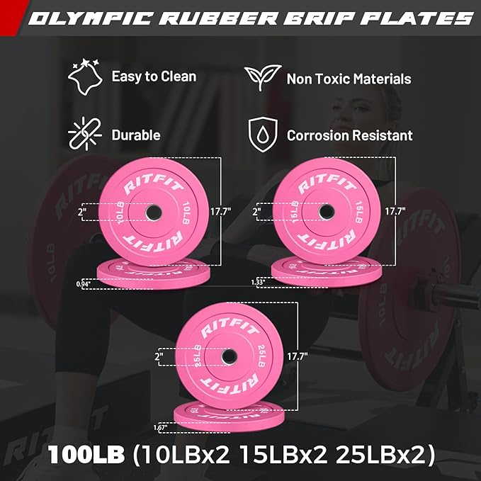 RITFIT Pink Weight Plates, 2 Inch Olympic Barbell Weight Plate, Bumper Plates With Steel Insert, Pink Weights for Gym and Home