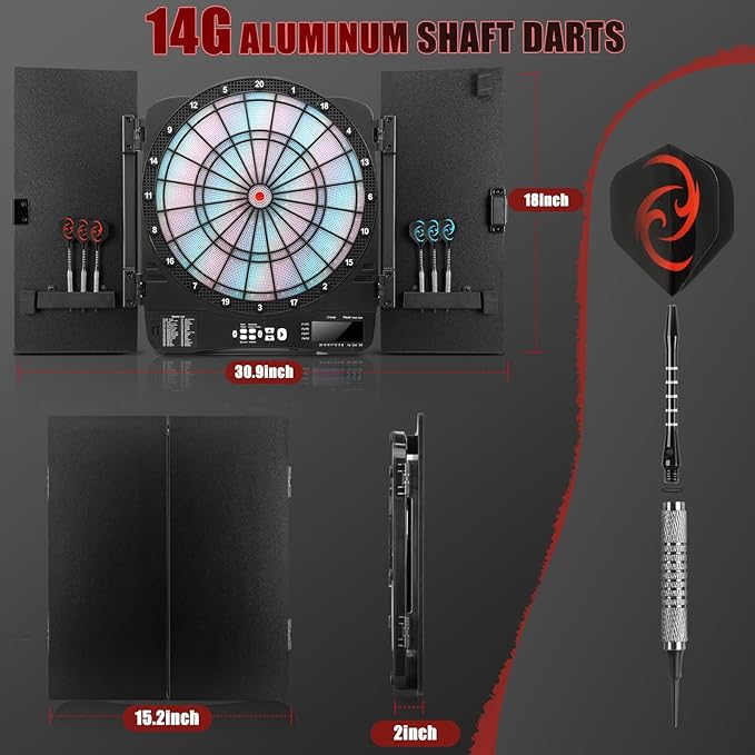 Electronic Dart Board Cabinet Set, Illuminated Target Dartboard for Adults Kids, 48 Games with 315 Variations Soft Tip Digital Dartboard Cabinets with 6 Darts, 100PCS Soft Tips