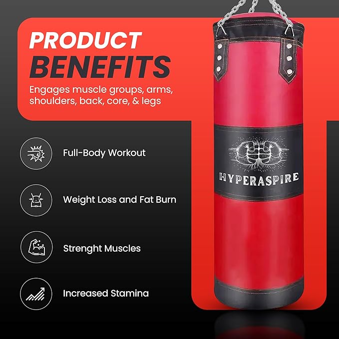 Punching Bag for Adults, 120cm PU Leather Boxing Bag with Foam Lining, Bag with Chain Ceiling Hook, Hand Wraps, and & Hand Wraps etc, Set for MMA Kickboxing Boxing Karate Home Gym Training (Unfilled)