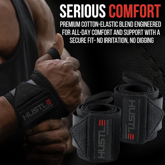Hustle Athletics Wrist Wraps for Weightlifting, USPA-Approved Wrist Support Weight Lifting Wraps, Premium Hook-and-Loop, 12 in or 18 in Heavy-Duty Cotton-Elastic Support for Powerlifting & Bench Press