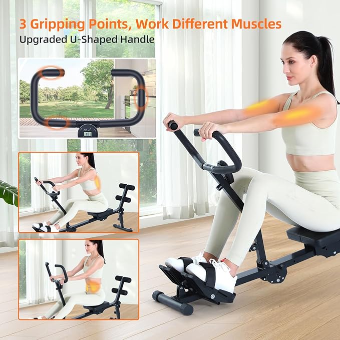 Sportneer Rower Machine for Home Foldable Hydraulic Rowing Machine with 12-Level Resistance - Multi Functional Row Machine Equipped with Caster and Backrest, 297lbs Maximum Load Rower Machines