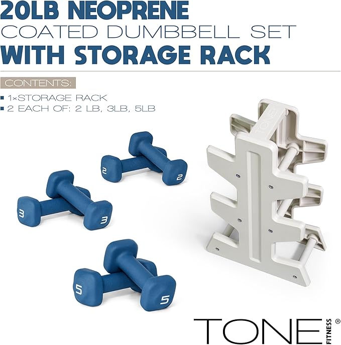 Tone Fitness Neoprene Dumbbell Set with Storage Rack – Non-Slip, Anti-Roll Hand Weights for Home Gym Workouts | 20 lb, 32 lb, & 50 lb Options