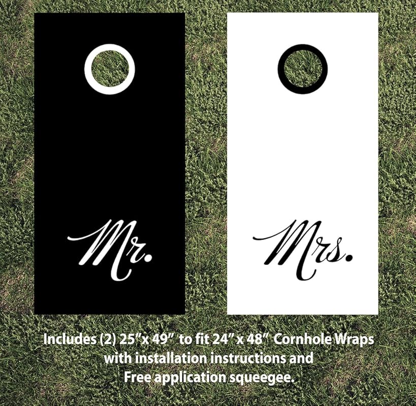 Cornhole Board Wraps #101 - Mr. and Mrs. Black and White Wedding Cornhole Wraps - Cornhole Graphic Decals - Includes Application Squeegee - Set of (2) 25" x 49" Wraps with Gloss Laminate