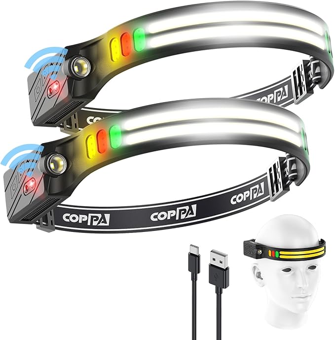 COPPA Headlamp, H4C Headlamp Rechargeable 2Pack with White & Yellow & Red & Green Floodlight & Spotlight Mini Portable with Motion Sensor Super for Camping Running Fishing Climbing Hiking Maintenance